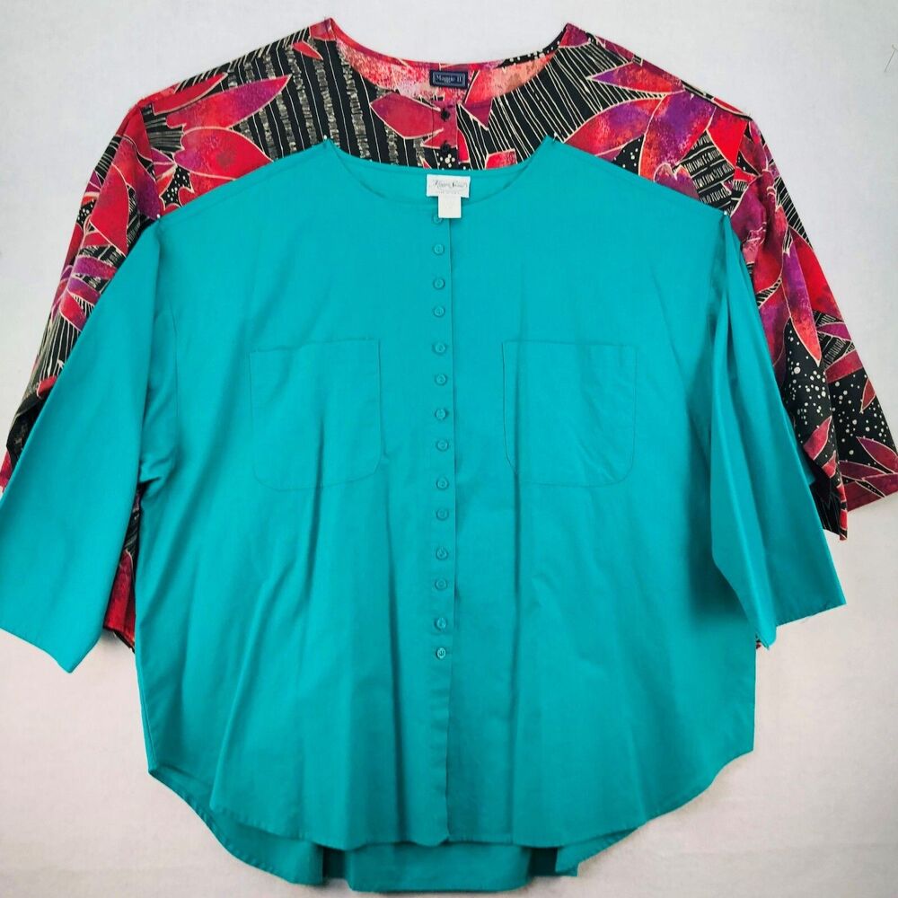 Maggie Sweet Blouse Top Women's Plus Sz 48 Green & Print Cotton NOS Vintage